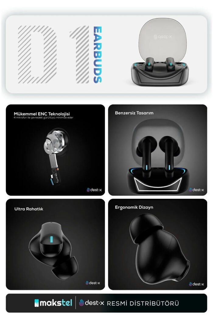 DEST X D1 Enc Bluetooth Kulaklik 8 Dest-X <ul> <li> OYUN MODU - Maksimum Konumsal Algı</li> <li> 8 Saat Kulaklık + 32 Saat Şarj Kutusu ile Üstün Kullanım Süresi</li> <li> ENC(Çevresel Gürültü Engelleyici)</li> <li> 4 Mikrofon</li> <li> HiFi Stereo</li> <li>Çalma süresi:  7 saat*</li> <li>Konuşma süresi:  4 saat*</li> <li> 3 Ayrı Büyüklükte Çift Kulak içi Silikonlar</li> </ul>